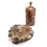 A turned Banksia cone together with a Chinese carved wooden stand, former 12.5 cm