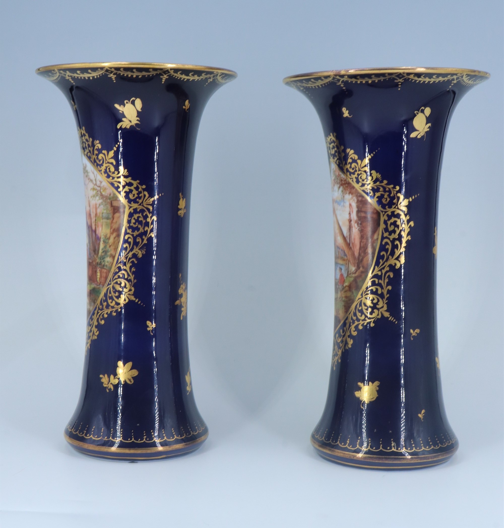 A pair of late 19th / early 20th Century Dresden cobalt blue porcelain vases each of waisted form - Image 2 of 6