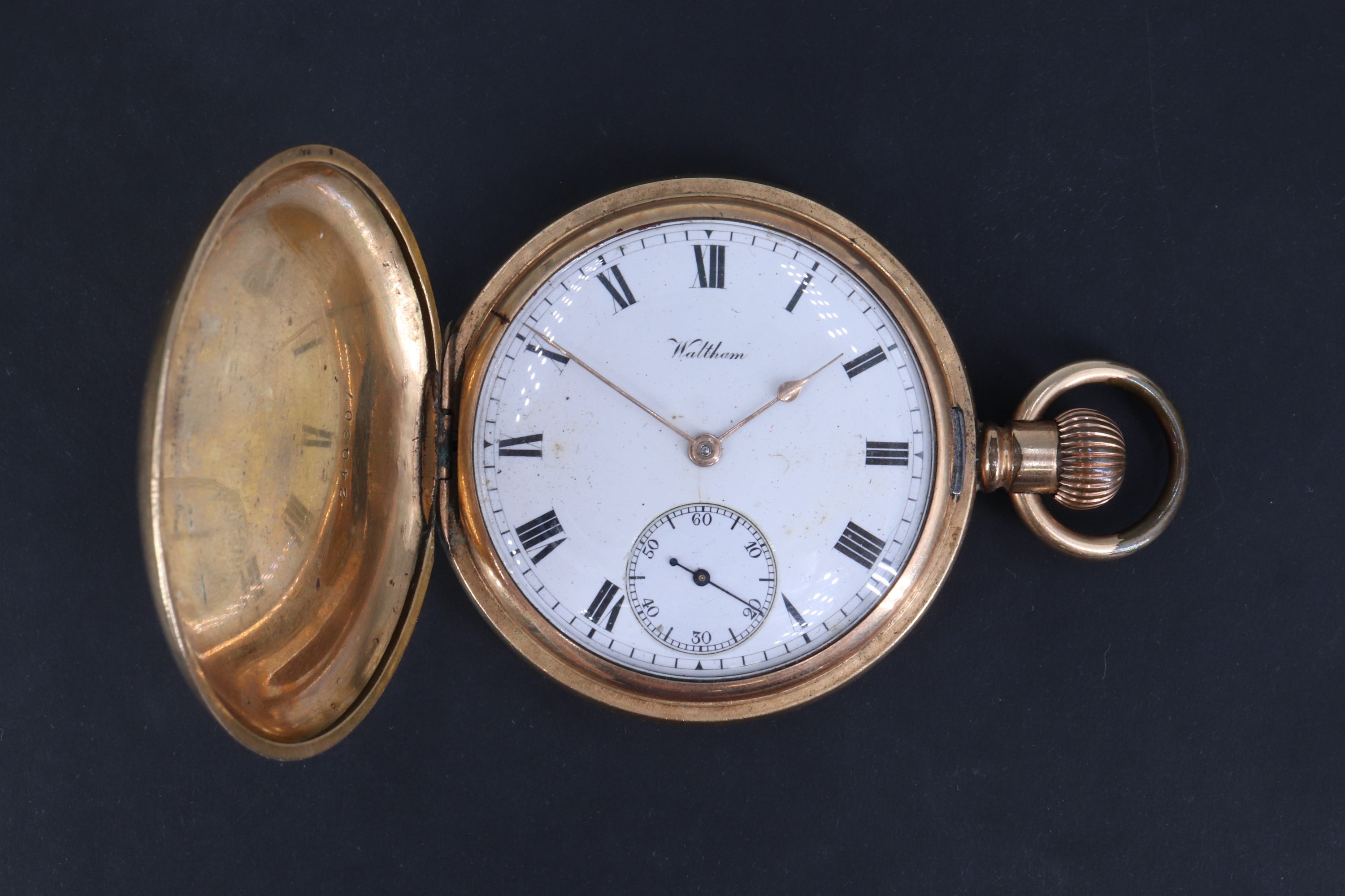 A Waltham gold-plated hunter pocket watch, early 20th Century, 50 mm excluding stem and bow, (runs
