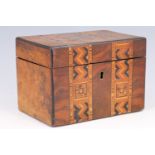 A Victorian parquetry inlaid walnut two compartment tea-caddy, 18 x 11 x 12 cm