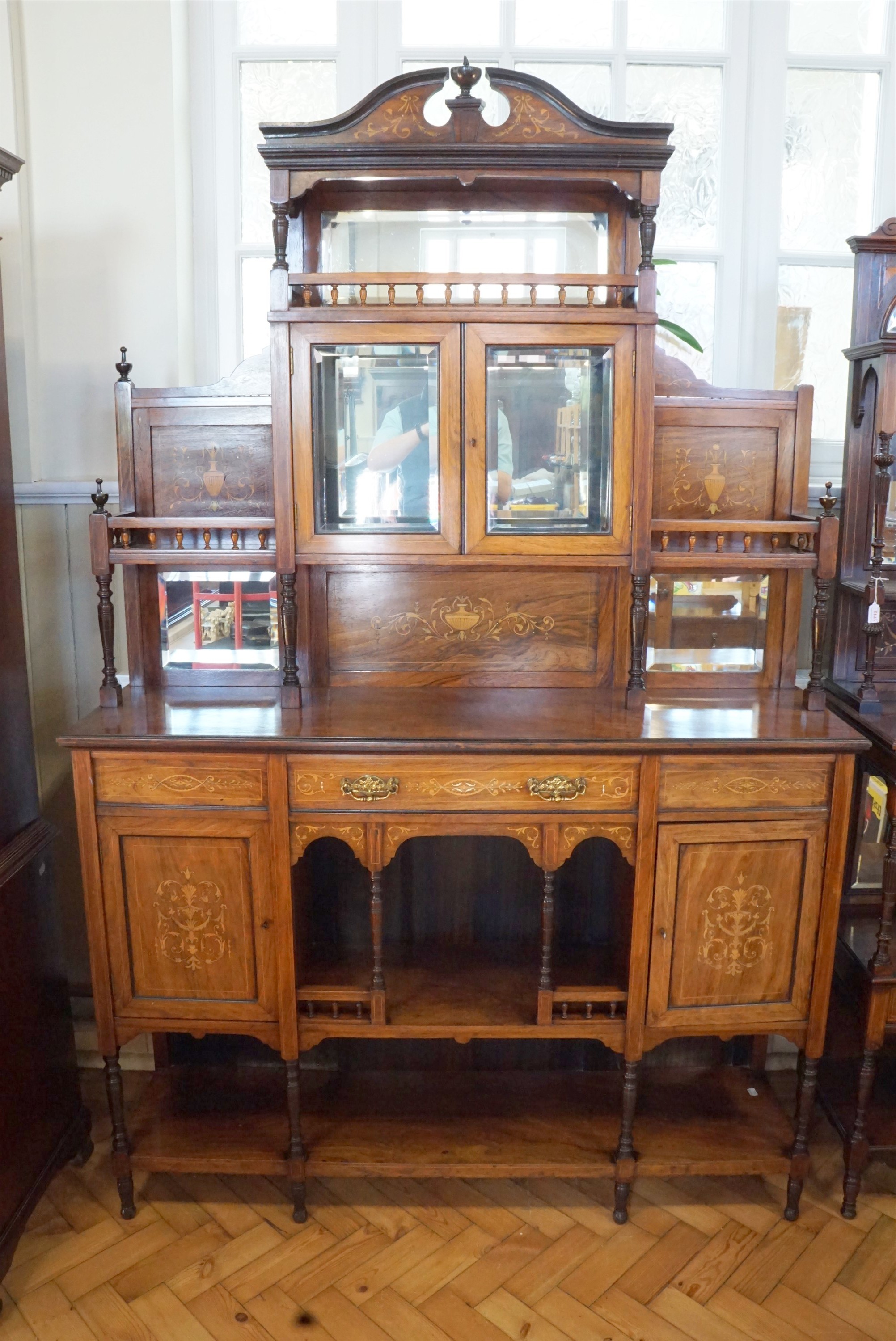 A late 19th Century marquetry inlaid rosewood display / side cabinet, 137 x 39 x 215 cm