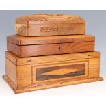 Two mid to late 20th Century Indian carved hardwood table boxes, together with a parquetry decorated