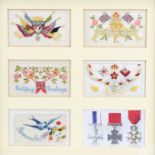 Nine framed Great War silk postcards, in card mounts and wooden frames under glass, 54 cm x 22 cm