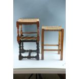 Three early 20th Century and later oak string topped stools, largest 30 x 44 cm