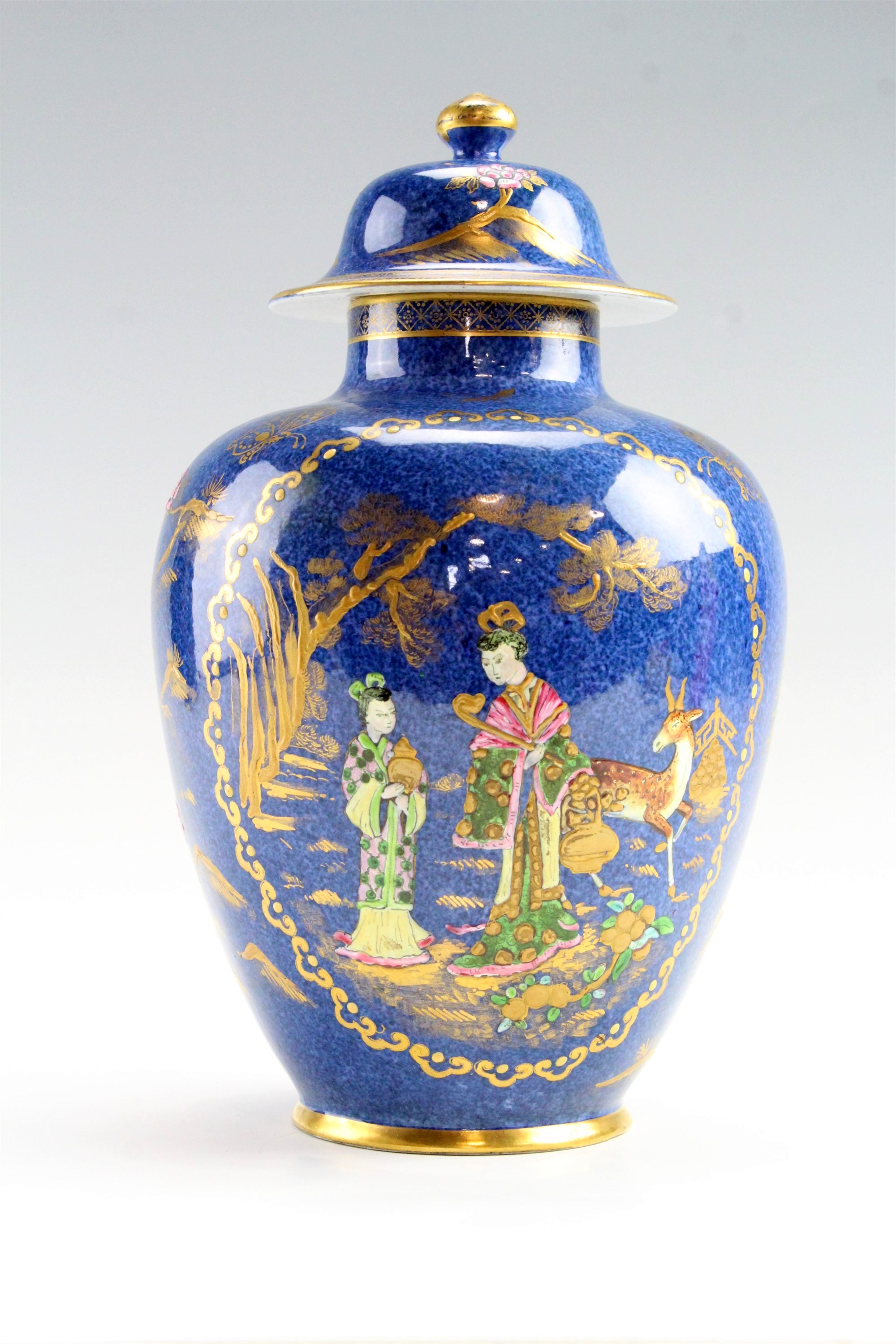 A 1920s New Chelsea Porcelain chinoiserie covered vase, 26 cm