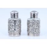 Italian white-metal-mounted glass salt and pepper pots, late 20th Century, Italian silver marks, 5.5