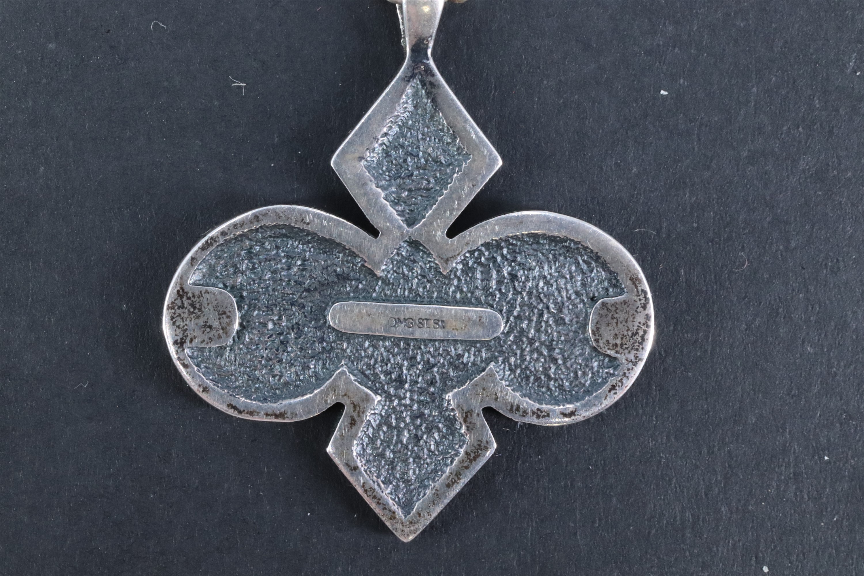 A cased Ola Gorie white metal pendant necklace, of geometric form between adorsed 'C' scrolls, - Image 2 of 3