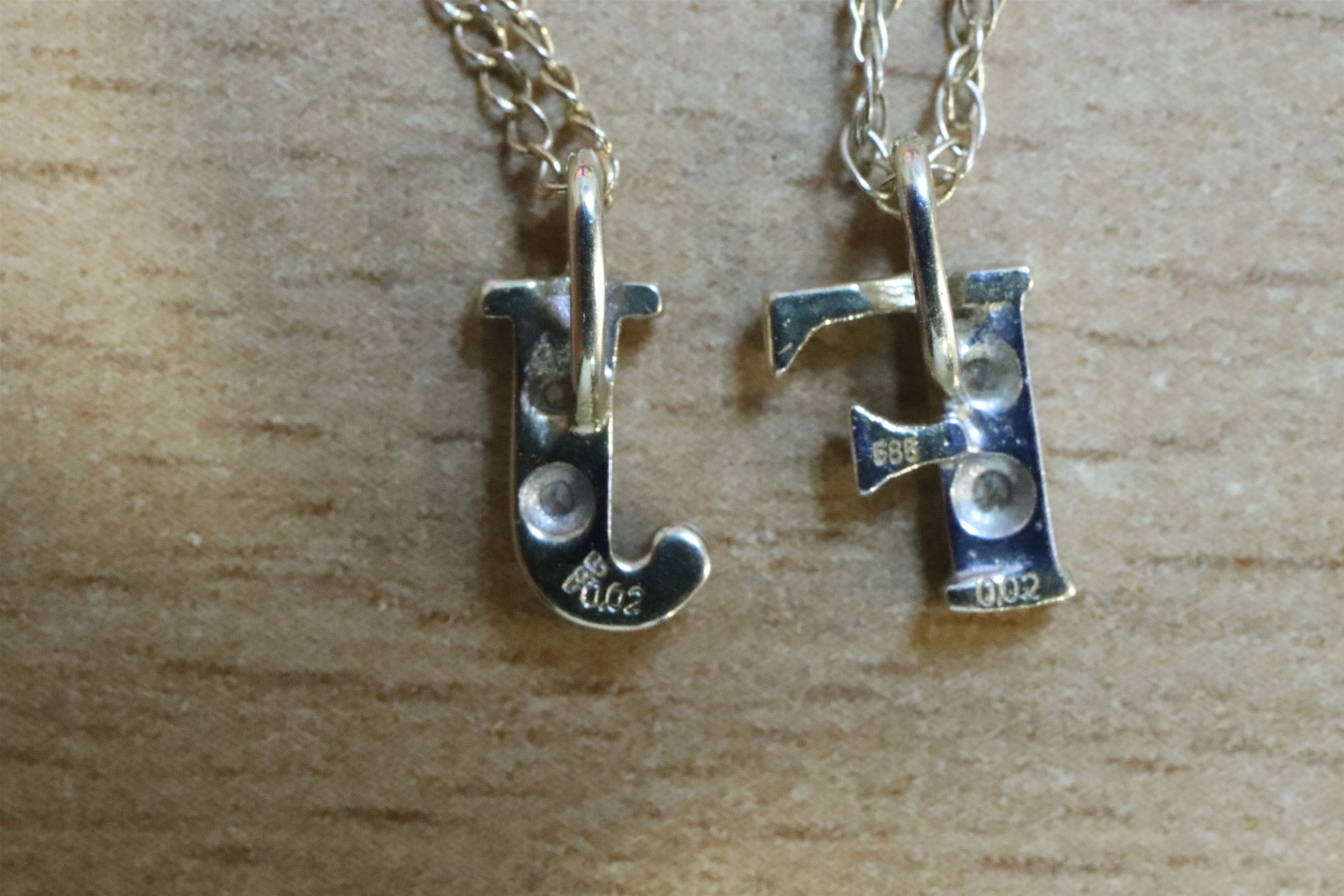 Two late 20th Century 14 ct yellow metal initial pendant necklaces, comprising a 'J' and an 'F' both - Image 2 of 3