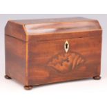 A George III shell marquetry inlaid mahogany two compartment tea caddy, having a bone escutcheon, 18