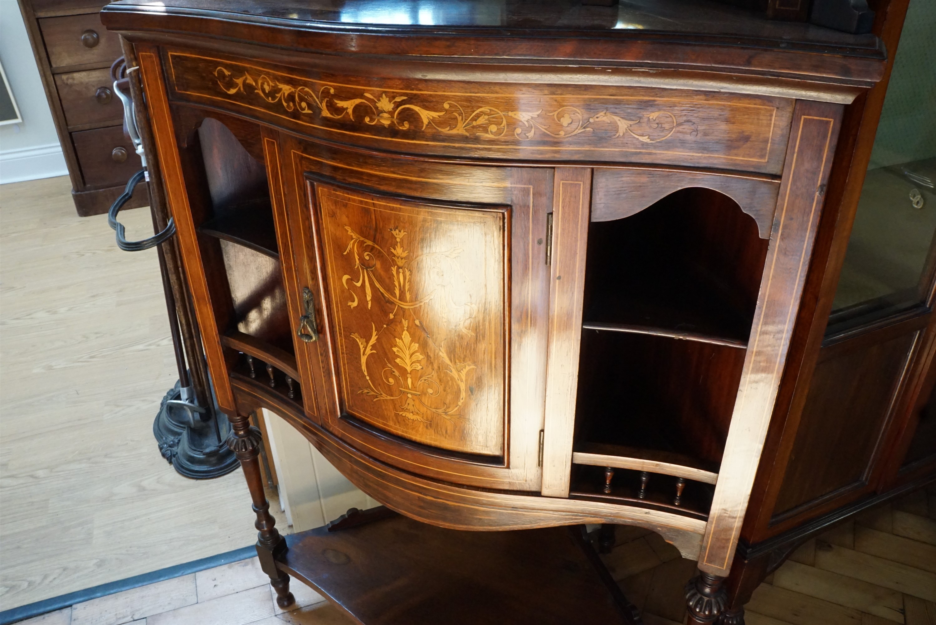 A late 19th Century serpentine fronted marquetry inlaid and mirror backed floor standing corner - Image 2 of 4