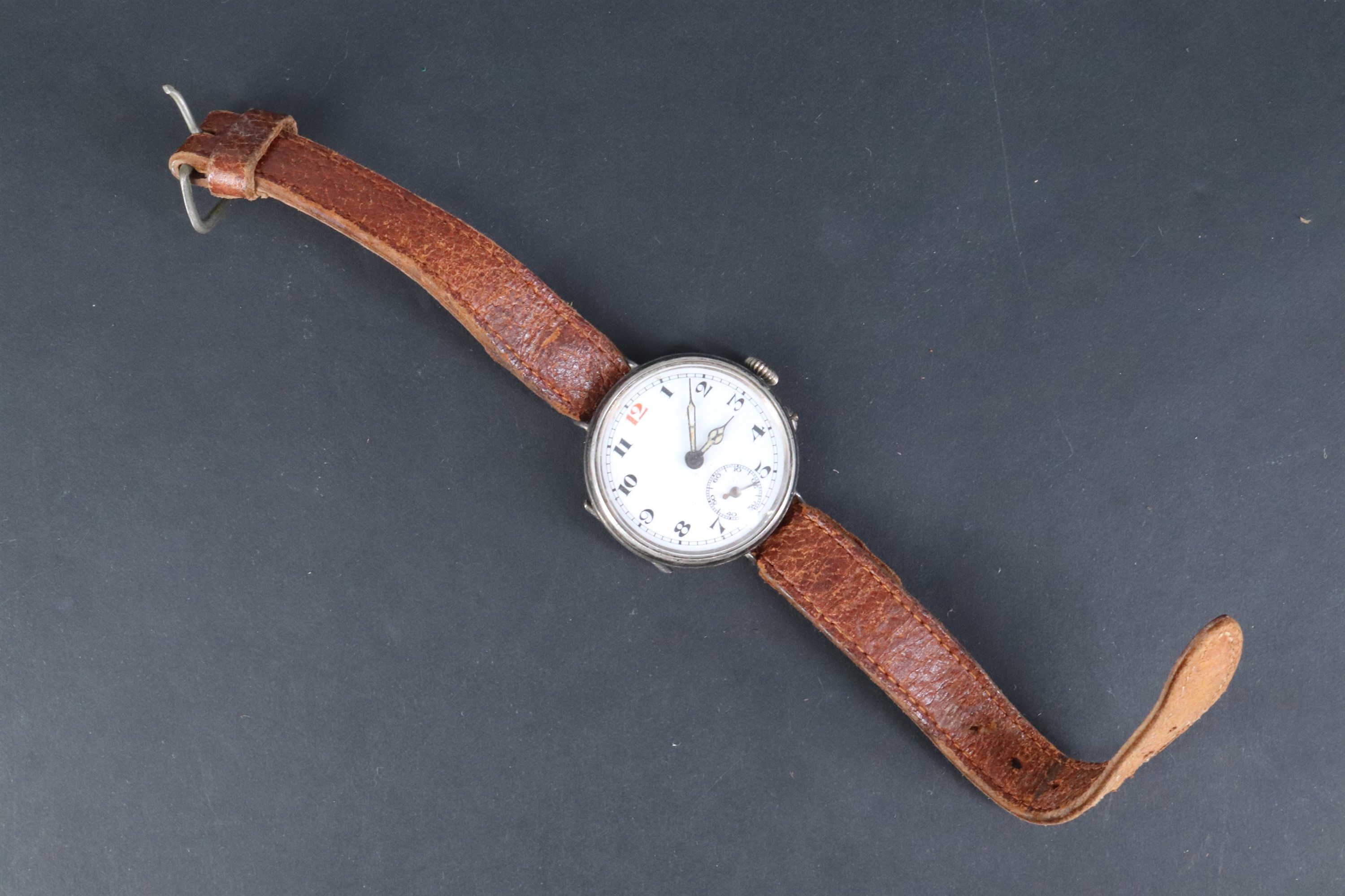 A Great War silver trench watch, having a Swiss pin-set movement and enamel face with "red 12", - Image 4 of 4