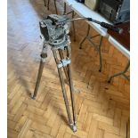 A vintage oak and aluminium TV camera tripod, early-to-mid 20th Century, 120 cm