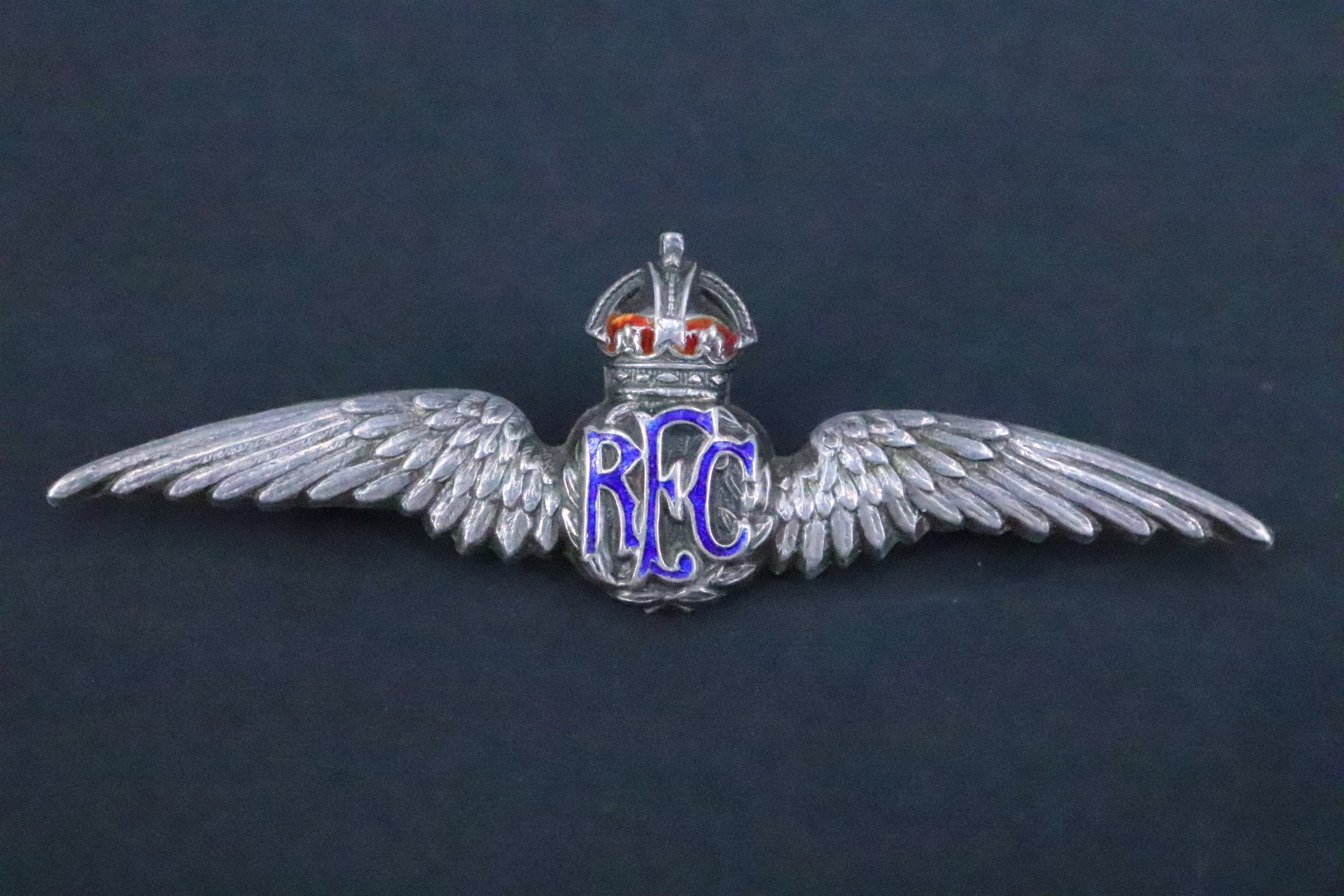 A Great War enamelled silver Royal Flying Corps sweetheart brooch, assayed Birmingham, 1915, 60 mm