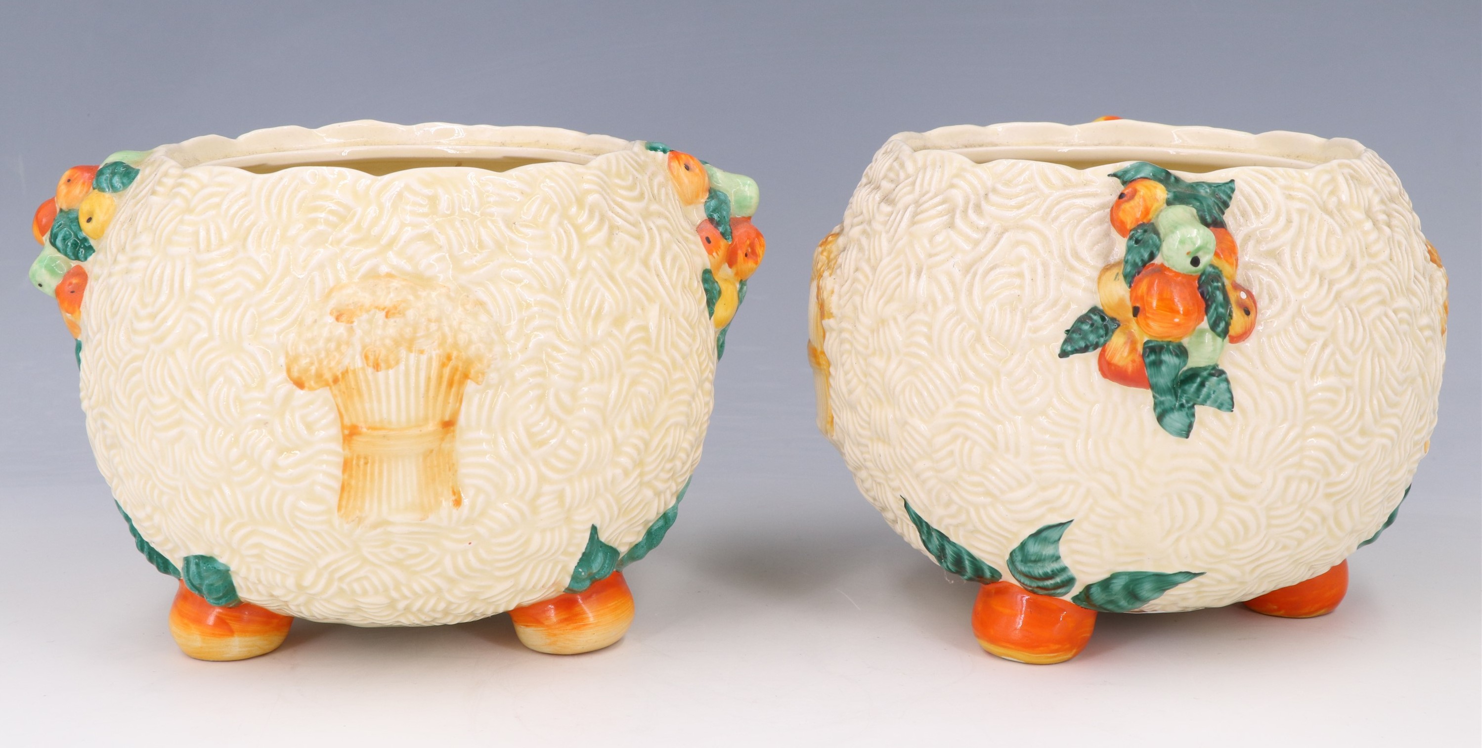 Three items of Clarice Cliff Celtic Harvest ceramics, comprising a teapot (68A) and two storage jars - Image 3 of 9