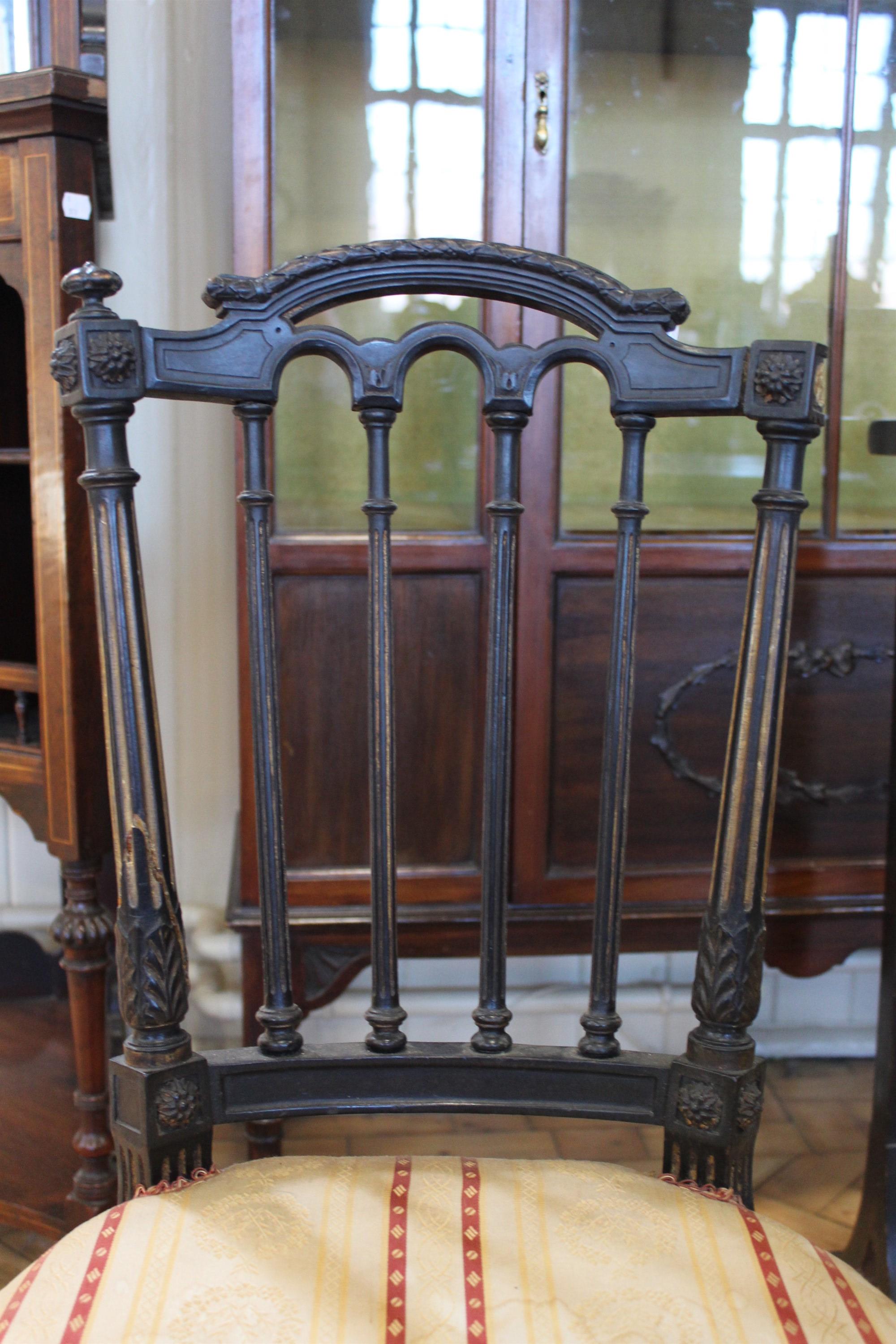 A pair of late 19th / early 20th Century Louis XVI style ebonised and and parcel gilt parlour - Image 6 of 7