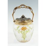 A Belle Époque Art Nouveau glass biscuit barrel, of shoulder ovoid form and decorated in an