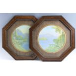 A pair of early / mid 20th Century circular prints depicting lakescapes framed by wild flowers and