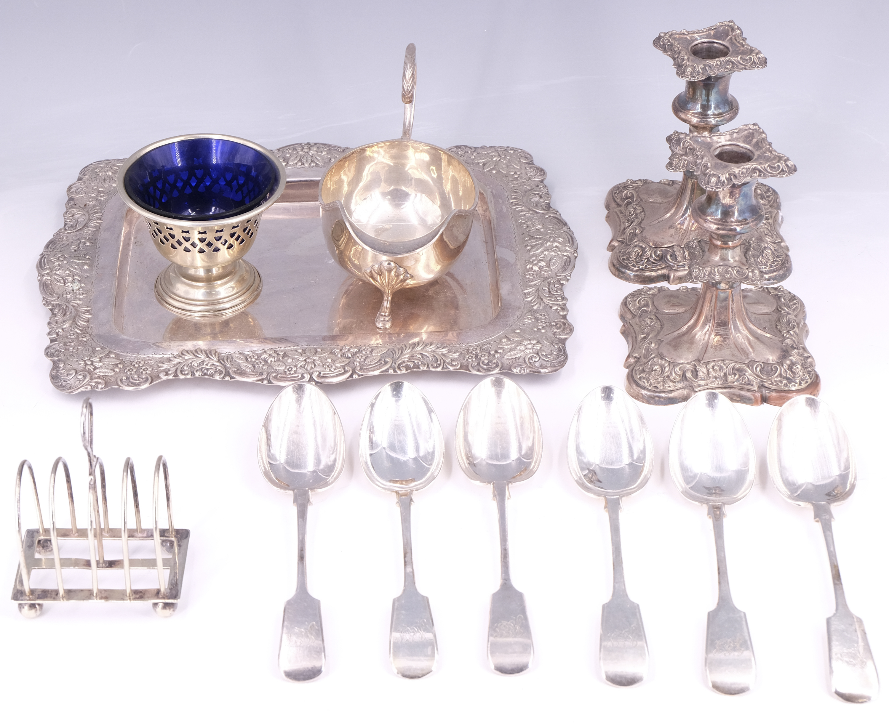 Vintage cases sets of electroplate cutlery, Victorian electroplate candlesticks, a tray, toast - Image 6 of 10