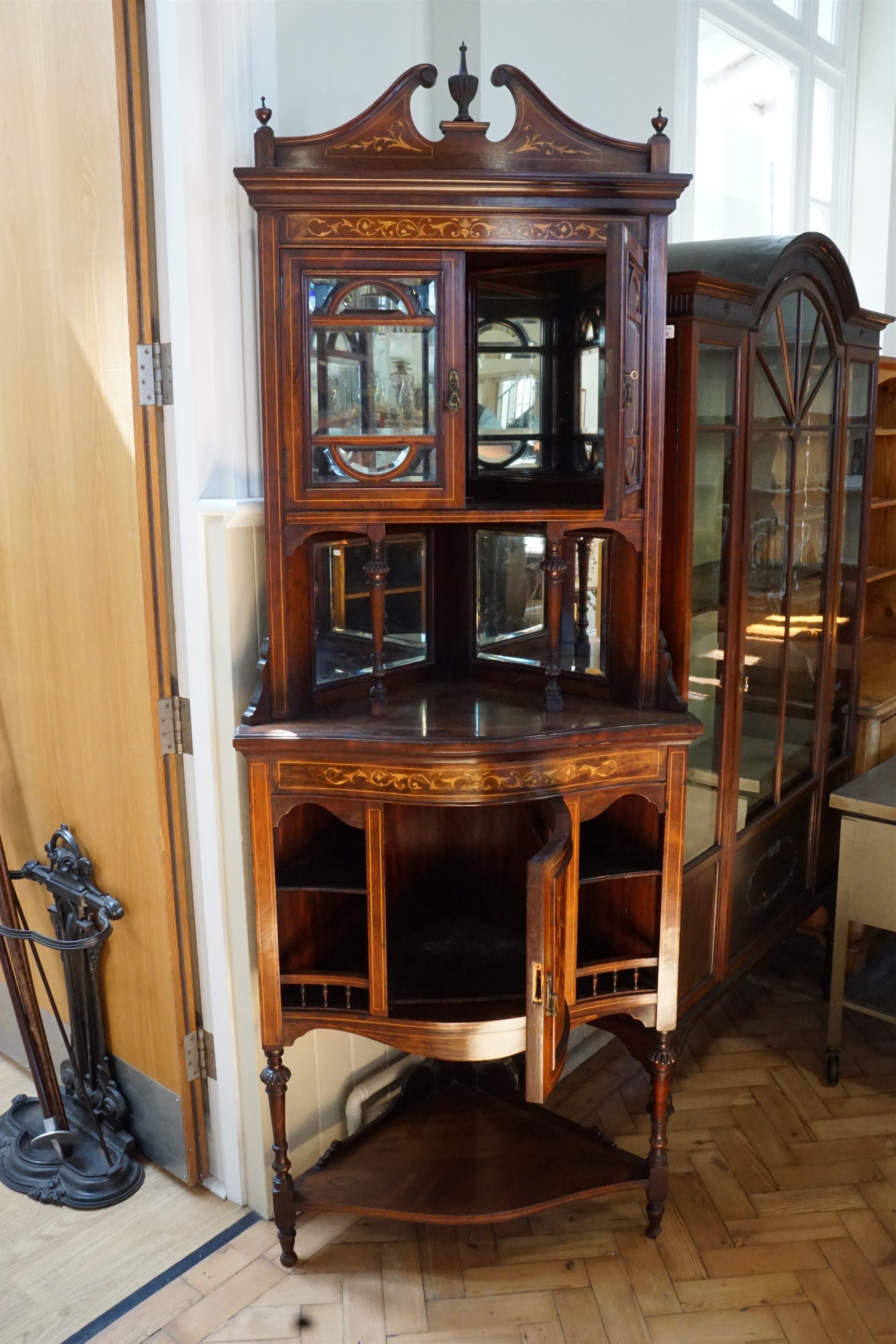 A late 19th Century serpentine fronted marquetry inlaid and mirror backed floor standing corner - Image 4 of 4