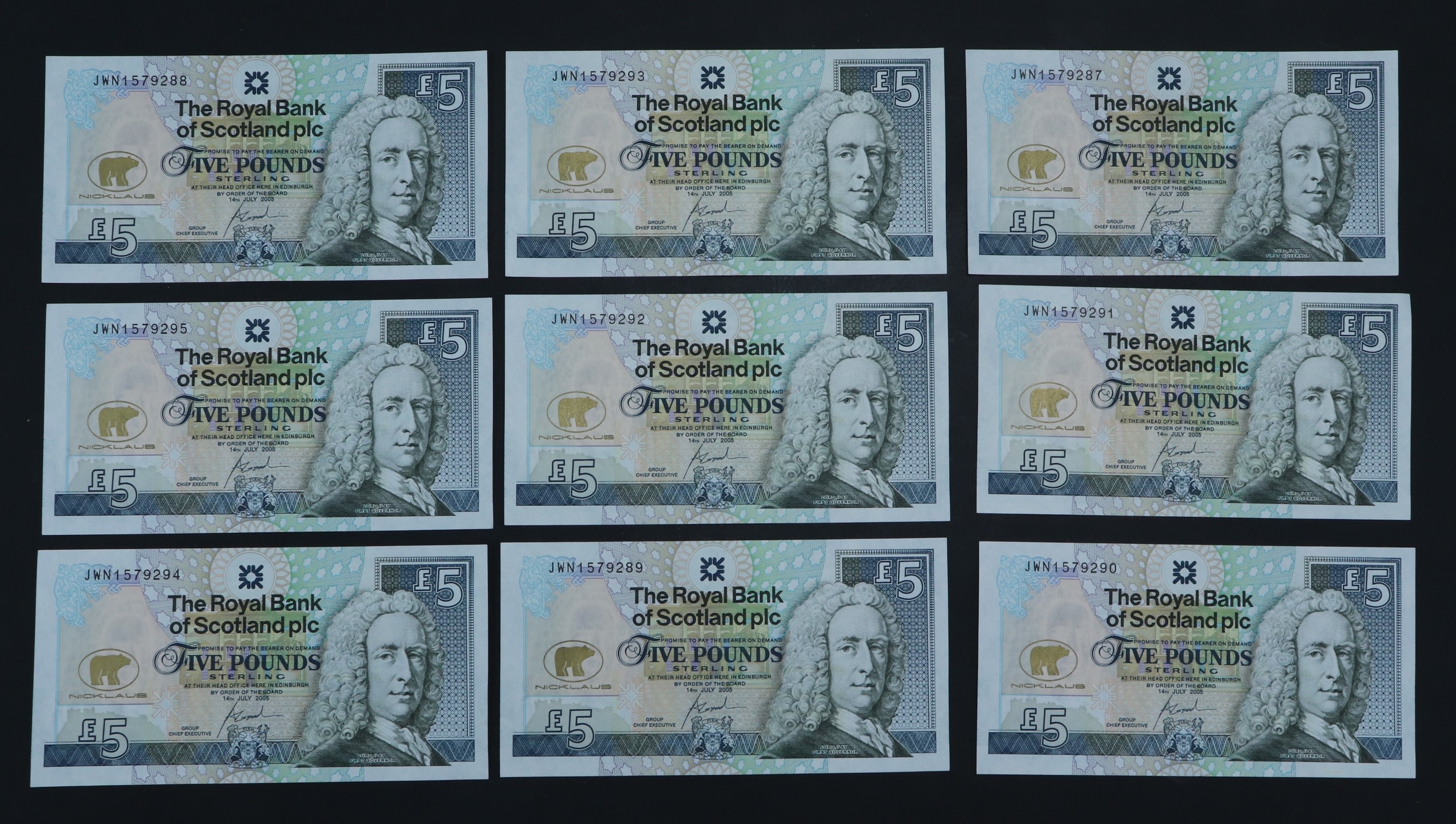 A consecutive run of nine The Royal Bank of Scotland Jack Nicklaus five pounds banknotes, Goodwin - Image 2 of 5