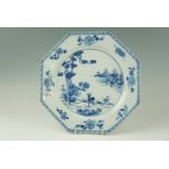 A Qianlong Chinese blue-and-white octagonal porcelain plate, decorated in depiction of a landscape