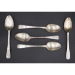 Three George III silver Hanoverian pattern teaspoons, decorated with bright cut engraving, John