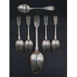 A William IV silver fiddle pattern table spoon together with a set of six Victorian fiddle pattern