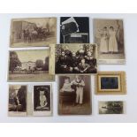 Five cartes de visite / cabinet cards, three tintypes, vintage photographs, etc