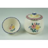 A hand painted Poole Pottery honey / preserve pot together with a pin dish, former 8.5 cm