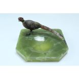 A cold painted bronze pin dish, modelled as a wary pheasant standing on a green onyx base, late 20th