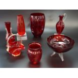 Seven items of cranberry and ruby glass, including bon-bon basket, vases, tripod bowl, etc,