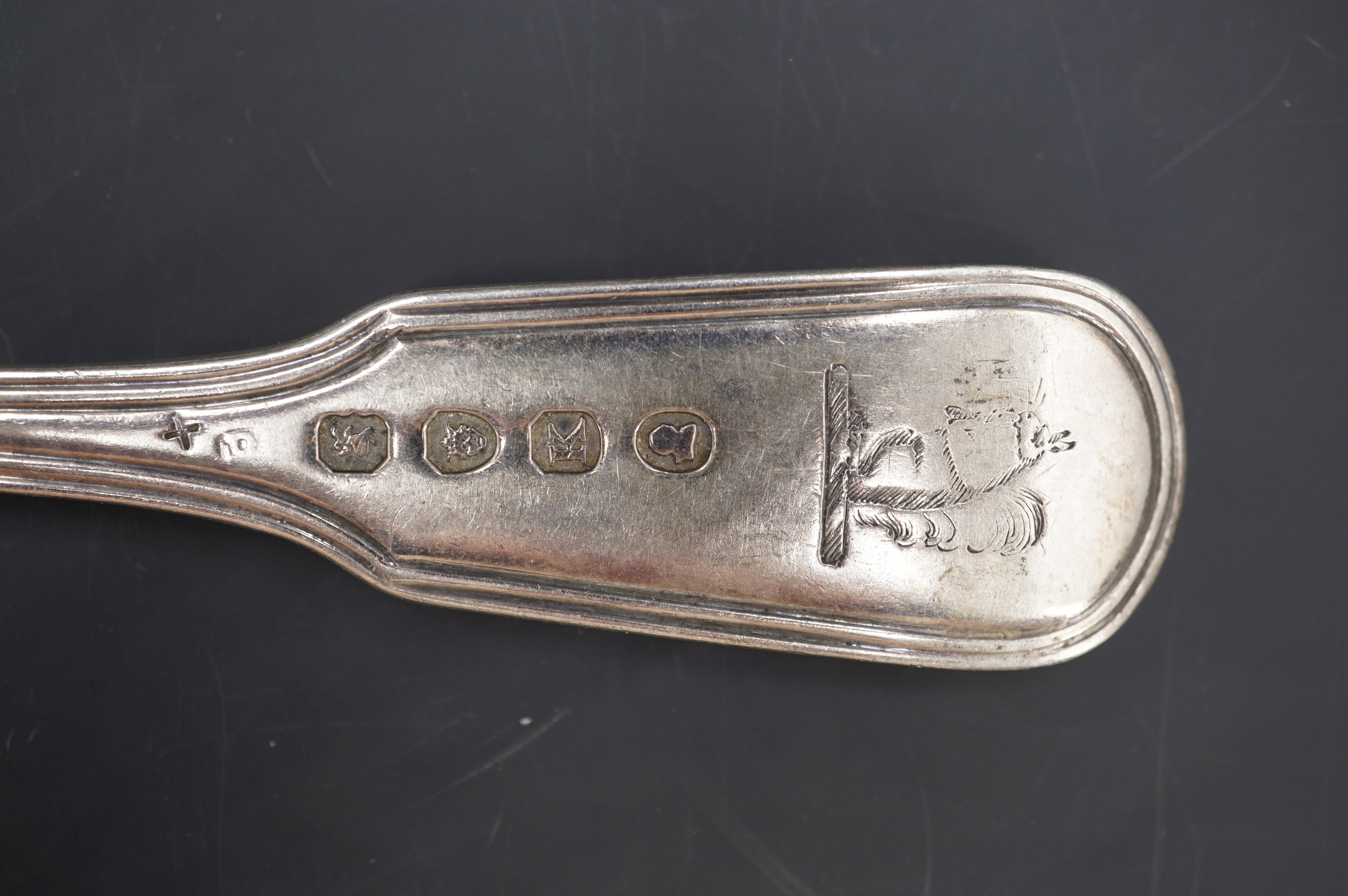A set of six George III silver fiddle and thread pattern desert forks, the terminals engraved with a - Image 2 of 2