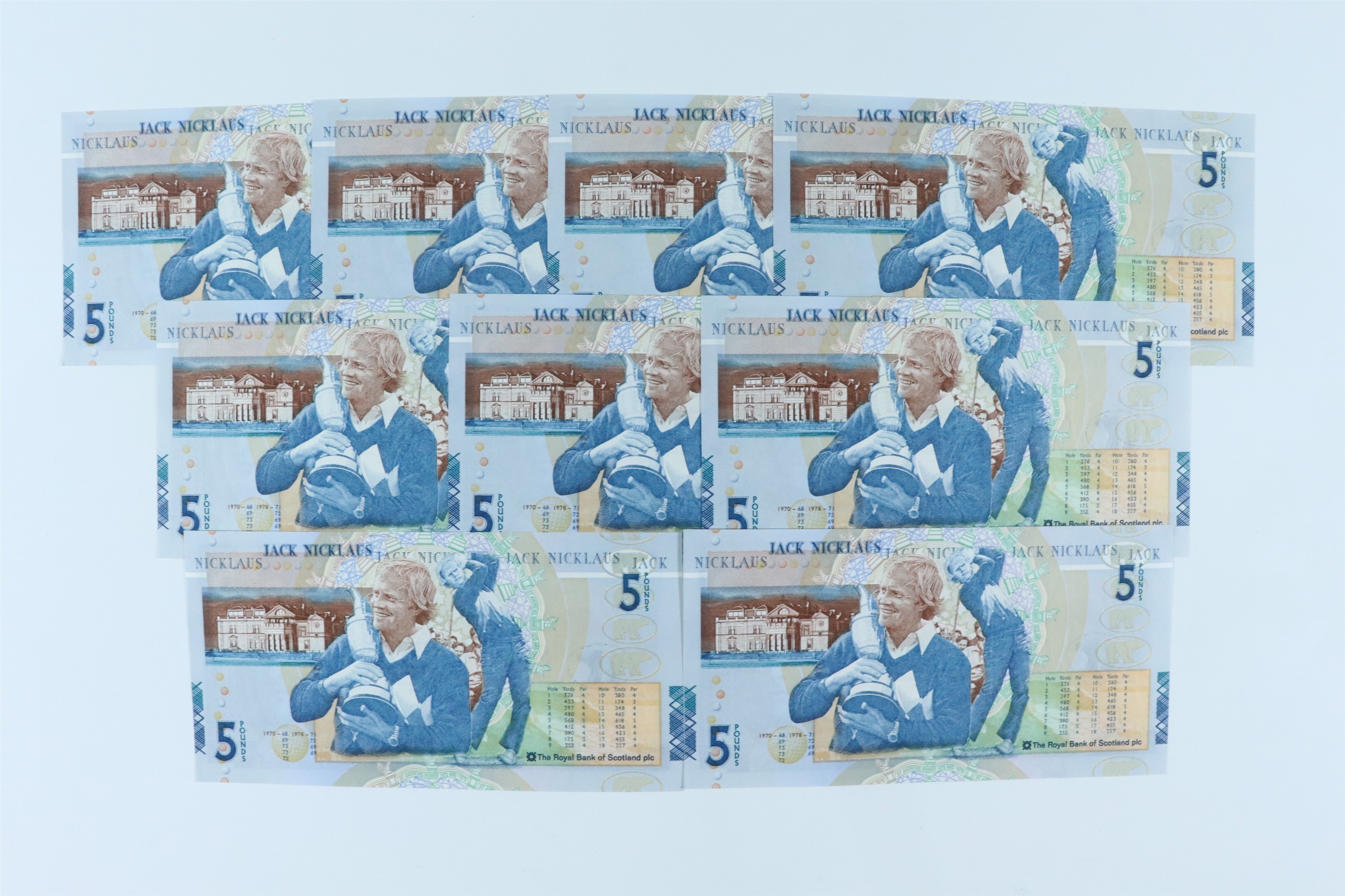 A consecutive run of nine The Royal Bank of Scotland Jack Nicklaus five pounds banknotes, Goodwin