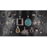 A large group of silver, white metal and semi-precious gemstone jewellery including rose quartz,