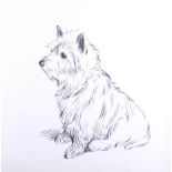 After Lucy Dawson (d. 1858) A study of a small, seated terrier, print, artist biography on label