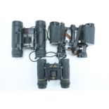 Three pairs of vintage and newer binoculars, comprising 8x25, Praktica 8x21, and Tasco 10x25