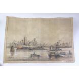W*** Bosi (?) Study of cargo freighters and other vessels at the docks of a large port, graphite,