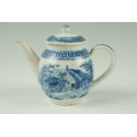 A late Georgian child's blue-and-white transfer-printed pearlware toy teapot, of bullet form and
