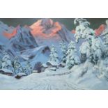 Alois Arnegger (Austrian, 1879 - 1963) An alpine snowscape with peaks illuminated by the setting