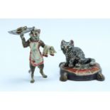 Two cold painted bronze figures in the manner of Bergman, comprising a 'waiter' cat carrying a tray,