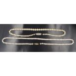 Two late 20th Century cultured pearl necklaces, comprising a string of 4.5 mm pearls having a 9 ct