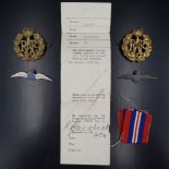 Two RAF cap badges and two enamelled white metal RAF sweetheart badges, marked 'silver', etc