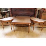 A late 20th Century yew veneered coffee table and a conforming pair of demi-lune end tables, 60 x 60