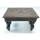 A late 19th / early 20th Century turned and carved oak stool, (a/f), 30 x 20 x 19 cm