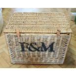 A Fortnum and Mason wicker hamper box, 66 cm x 50 cm x 50 cm