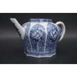 A Kangxi or later Qing Chinese miniature blue-and-white porcelain teapot, of inverted octagonal