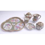 A Canton Chinese famille rose tea set and tray, latter 27 cm, (a/f)