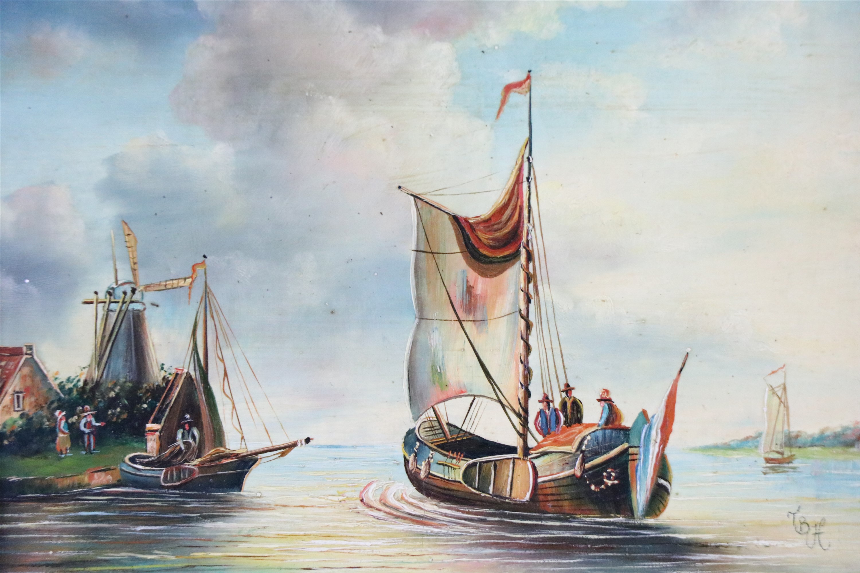 A 17th Century Dutch reproduction depicting an estuary view, oil on panel, monogrammed 'TBH', in