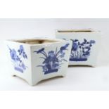 Two Chinese blue and white porcelain planters, each of square section and tapering form, floral-