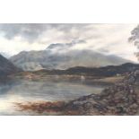 A moody, atmospheric view of Ben Cruachan across Loch Etive, a sailboat on the far side, livestock